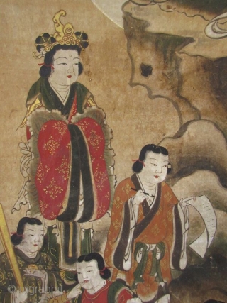 Japanese Edo Buddhist Scroll Painting of Eight Armed Kannon

Japanese Buddhist scroll painting of Eight Armed Kannon , the bodhisattva of compassion, seated in a lotus position. In her other seven arms she  ...