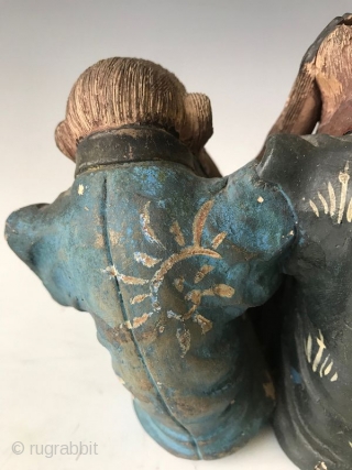 Japanese Terracotta Three Wise Monkeys

A terracotta figure of the Three Wise Monkeys - Mizaru who is covering his eyes, Kikazaru who is covering his ears and Iwazaru who is covering his mouth.  ...