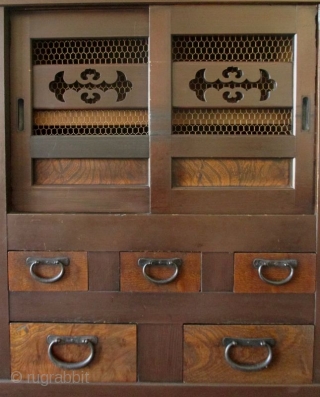 Antique Japanese 2 Section Mizuya



Japanese two section mizuya (kitchen tansu for storage). Constructed of Hinoki (cypress) wood frame with Sugi (cedar) wood, original dark finish. The top section holds a compartment behind  ...