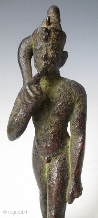 Rare Antique Egyptian Bronze Walking Nobleman

Rare Antique bronze figure of a nude nobleman in walking pose, his pointer finger of his right hand resting up against his chin, with green patina and  ...