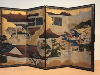 Antique Japanese Tale of Genji Screen - the Art of Seduction

A mid-century 18th C Japanese Tosa school six panel byobu painted screen. Rimpa paint of gofun paper with gold leafed clouds dividing  ...