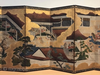 Antique Japanese Tale of Genji Screen - the Art of Seduction

A mid-century 18th C Japanese Tosa school six panel byobu painted screen. Rimpa paint of gofun paper with gold leafed clouds dividing  ...