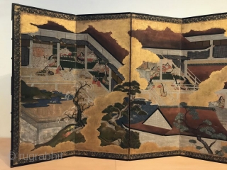 Antique Japanese Tale of Genji Screen - the Art of Seduction

A mid-century 18th C Japanese Tosa school six panel byobu painted screen. Rimpa paint of gofun paper with gold leafed clouds dividing  ...