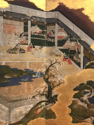 Antique Japanese Tale of Genji Screen - the Art of Seduction

A mid-century 18th C Japanese Tosa school six panel byobu painted screen. Rimpa paint of gofun paper with gold leafed clouds dividing  ...