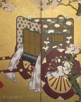 18th Century Japanese 6-panel Gosho-Guruma Carriage Screen

Antique Japanese 6-panel byobu screen painting depicting a noble woman's carriage (gosho-guruma) parked under a blossoming cherry tree (sakura). The tassel cords are untied. The yoke  ...