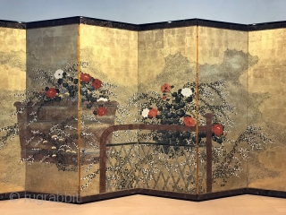 Incredible 18th Century Japanese Screen - View From the Garden

A truly stunning Japanese six panel screen hand painted with raised rimpa paint on gold ground leaf gofun paper. The subject matter is  ...