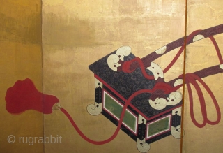 18th Century Japanese 6-panel Gosho-Guruma Carriage Screen

Antique Japanese 6-panel byobu screen painting depicting a noble woman's carriage (gosho-guruma) parked under a blossoming cherry tree (sakura). The tassel cords are untied. The yoke  ...