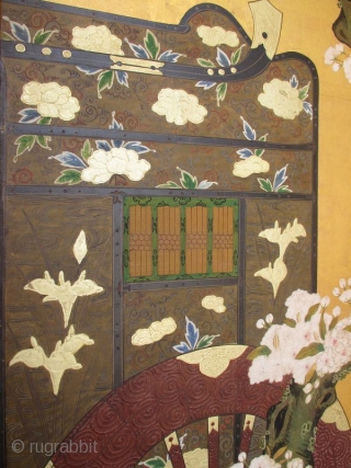 18th Century Japanese 6-panel Gosho-Guruma Carriage Screen

Antique Japanese 6-panel byobu screen painting depicting a noble woman's carriage (gosho-guruma) parked under a blossoming cherry tree (sakura). The tassel cords are untied. The yoke  ...