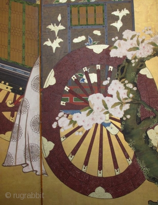 18th Century Japanese 6-panel Gosho-Guruma Carriage Screen

Antique Japanese 6-panel byobu screen painting depicting a noble woman's carriage (gosho-guruma) parked under a blossoming cherry tree (sakura). The tassel cords are untied. The yoke  ...