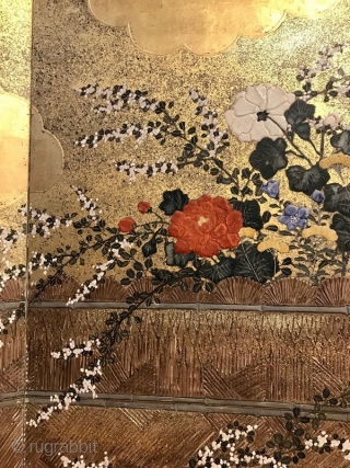 Incredible 18th Century Japanese Screen - View From the Garden

A truly stunning Japanese six panel screen hand painted with raised rimpa paint on gold ground leaf gofun paper. The subject matter is  ...