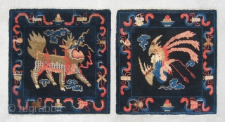 No.P38 * Chinese Antique Mat-Rug "Phoenix and Unicorn(kylin)" . Age: 19th Century.
Size: 58x60cm(23"x24")x2. Origin:Baotou-Suiyuan. Shape:Square.  .Background Color: Blues. 
A set of hanging rug with the kings of Sky and and Earth.  ...