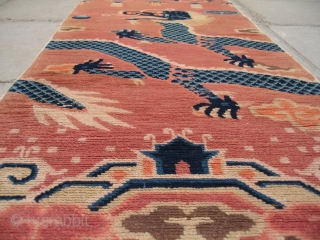 No.CL033 * Chinese Antique Ningxia Pillar "Dragon" Rug.Age: 18/19th Century.Size: 65 x 167cm (2'2"x5'6").Origin: Ningxia Shape: Rectangle. Background Color: Wood Reds.            