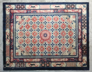 No.R160 * Chinese Antique Rug "Lotus Medallion",Age: Late 19th Century, Size:183x235cm (6'x7'9"). Origin: Baotou-Suiyuan.Shape: Rectangle.Background Color: Off-whites,lvory.                