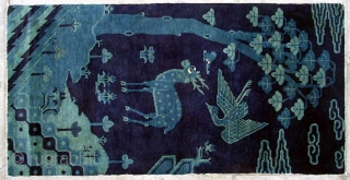 No.R071 * Chinese Antique "Deer + Crane" Rug,Size: 78x153cm(31"x60").Age: 19th Century. Origin: Baotou.Shape: Rectangle.Background Color: Blues.                 