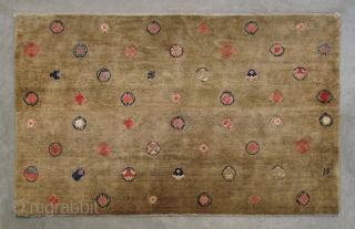 No.CL018 * Chinese Antique "Wonderful Happy Wheels" Rug , Age: Mid-19th Century. Size: 122x198cm(4‘x6’6“).Origin: Baotou-Suiyuan.Shape: Rectangle. Background Color: Yellows.              