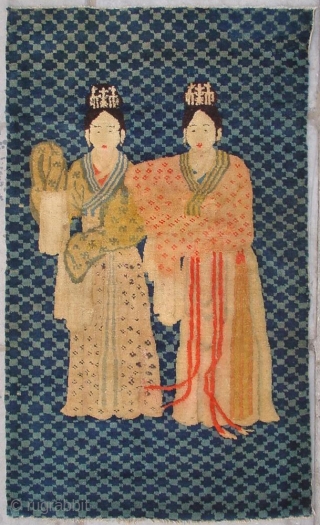 No.CL032 * Chinese Antique Rug “Two Ladies” ,Origin: Baotou-Suiyuan. Age: 19th Century. Size: 66x115cm(30"x45").Shape: Rectangle .Material: 100% Wool.Woven: Hand-knotted. Background Color: Blues.           