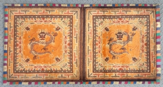 No.DX021 * Chinese Rug-Mat "Dragon" , Origin:Gansu-Qinghai Shape: Rectangle Age: About 100 years old Size: 72x133cm(2'4"x4'4") .Background Color: Oranges. A magnificent dragon with a striking mane holding four flaming gems. a mountain,  ...