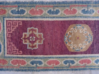 No.P72 * Tibetan "Temple Runner" Rug , Age: Late 19th Century .wool/wool Origin: Tibetan Shape: Rectangle.Size: 60 x 210 cm( 2'x 6'11 " ) Material: 100% Wool Woven: Hand-knotted Background Color:Reds .  ...