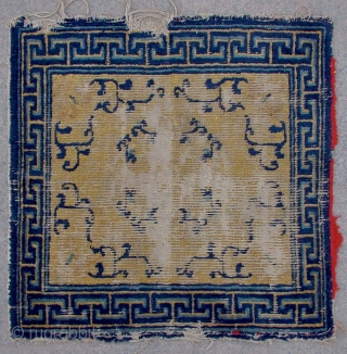 No.A0008 * Chinese Antique Ningxia Rug-Mat(Fragments). Age: 18/19th Century.Size: 70x70cm (28"x28") . Origin: Ningxia Shape: Square. Material: 100% Wool Woven: Hand-knotted. Background Color: Yellows.All vegetable dyes.       