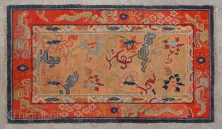 No.X0010 * Tibetan Antique "Dragons + Flowers" Rug . Origin: Tibet  Age: About 100 Years Old. Size: 84x141cm(33"x56"). Shape: Rectangle.Background Color: Orange. cotton/wool.         