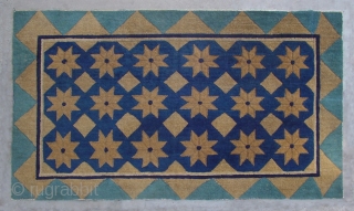 No.DX003 * Chinese Antique Rug .Origin: Beijing .Age: About 100 Years Old.Size: 83x143cm(2'9"x4'8").Background Color: Blues and Greens.Shape: Rectangle .This simple and elegant carpet has a field of stars and diamonds. The outer  ...