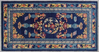 No.CL061 * Chinese Antique Ningxia Rug "Eight Buddhist and Daoist Symbols" from Tibet,Age: Early 19th Century. Size: 83x160cm(33"x63").Origin: Ningxia.Shape: Rectangle.Background Color: Blues.           