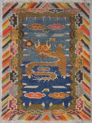 No.CL064 * Tibetan "Single Dragon" Prayer Mat-Rug ,Late 19th Century. wool/wool. Origin: Tibet Shape: Rectangle. Size: 50x85cm(1'6"x2'9").  Background Color: Blues            