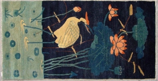 No.R075 * Chinese Antique "Egrets + Lotus" Rug , Age: Late 19th Century. Size: 62x132cm(24"x52").Origin: Baotou-Suiyuan.Shape: Rectangle. Background Color: Blues.             