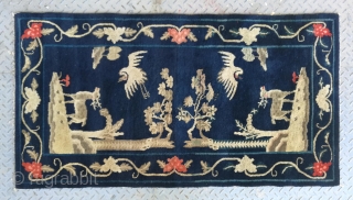 No.R013 * Chinese Antique "Crane + Deer" Rug , Age: 20th Century. Size: 76x138cm(30"x54").Origin: Baotou-Suiyuan.Shape: Rectangle. Background Color: Blues              