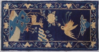 No.R103 * Chinese Antique "Crane + Deer" Rug ,Size: 67x131cm(26"x52").Origin: Baotou-Suiyuan.Shape: Rectangle. Background Color: Blues 
                 