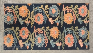 No.CL052 * Tibetan Antique"Lotus Design" Rug, Age:19/20th Century.Size:90x166cm(2'11" x 5'5").
Origin:Tibet.Shape:Rectangle. Background Color:Blues. wool/wool.
This Tibetan khaden (sleeping) rug is woven in a classic design called pema chuni, or twelve lotuses, which was very  ...