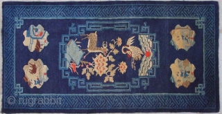 No.R101 * Chinese Antique "Deer+Crane" Rug , Age: 19/20th Century. Size: 69x137cm(27"x54").Origin: Baotou.Shape: Rectangle.Background Color: Blues                 