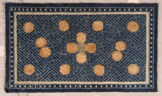 No.A0034 * Chinese Antique Ningxia Rug "Happy Balls + Swastikas Design" , Age: 19th Century Size: 74x130cm(29" x 51" ). Origin: Ningxia Shape: Rectangle.Background Color: Blues.       