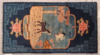 No.A0036 * Chinese Antique "Deer+Crane" Rug,Size: 59x103cm(23"x41"). Origin: Baotou.Shape: Rectangle.Background Color: Blues                     
