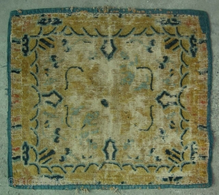 No.2104  * Chinese Ningxia Rugs-mat(Fragments) "Four Lions" .Age: Early-19th Century All vegetable dyes. Origin: Ningxia Shape: Square Size: 67x77cm (26"x30") Material: 100% Wool Woven: Hand-knotted Background Color: Yellows    