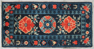 No.P68 * Chinese Antique "Flowers" Rug,Size:50x102cm(20"x40").Origin: Baotou-Suiyuan.Shape: Rectangle.Background Color: Wood Blues.Good condition and very complete.                  