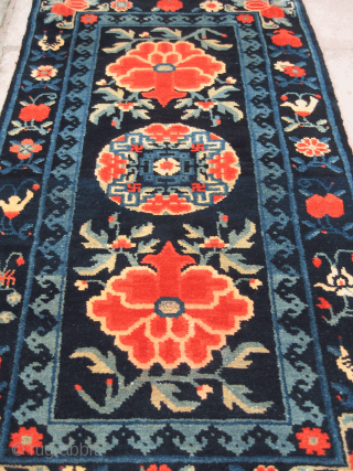 No.P68 * Chinese Antique "Flowers" Rug,Size:50x102cm(20"x40").Origin: Baotou-Suiyuan.Shape: Rectangle.Background Color: Wood Blues.Good condition and very complete.                  
