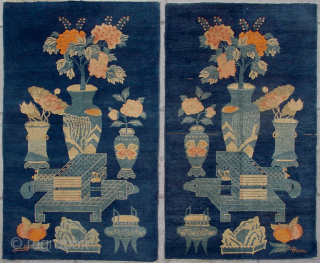 No.P03 * Chinese Antique "Four Accomplishments + Vase" Rug.Age:19th Century.Size:83x151cm(33"x59")x2.Origin: Baotou-Suiyuan.Shape: Rectangle.Background Color: Blues.                   