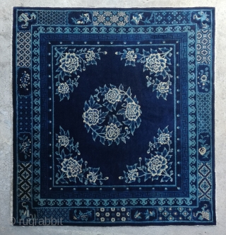 No.R159 * Chinese Antique Rug "Peony Flowers", Age:19th Century.Size:163x177cm(5'4"x5'10"). Origin: Baotou-Suiyuan.Shape: Rectangle.Background Color: Blues                   