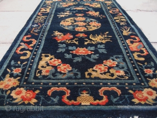 No.R102 * Chinese Antique Rug "Eight Buddhist and Daoist Symbols",Size: 65x131cm(26"x52").Origin: Baotou-Suiyuan.Shape: Rectangle.Background Color: Blues. 
                 