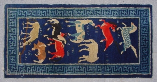 No.P46 * Chinese Antique "Eight Horses" Rug , Age:Late 19th Century. Size:66x130cm(26"x51"). Origin:Baotou-Suiyuan. Shape:Rectangle. Background Color:Blues. Chinese Rug with Eight Horses, This is an unusual rug from Mongolia. The theme of this  ...