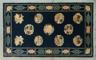 No.R172 * Chinese Antique “Mascots” Rug  Age:Late-19th Century.Size:102x165cm(40"x65"). Origin: Baotou-Suiyuan. Shape:Rectangle. Background Color:Blues.
Carpet covered with panels depicting landscapes and animals like Elephant(In the middle), Cow, Duck, Cock, Rabbit and every one  ...