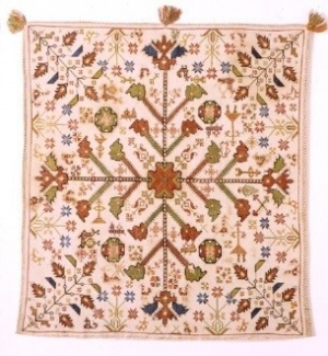 Cushion with stylised floral and animal themes embroidered in cross-stitch. From Corfu in the Ionian Islands, 18th c. 0.54x0.50 m. (ΓΕ 6258) image and text copyright Benaki Museum