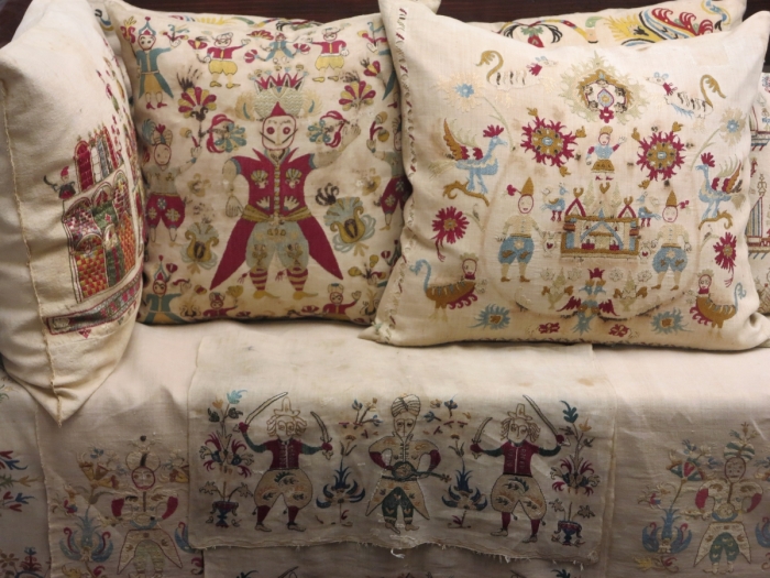 embroidered pillows from Skyros, Benaki Museum