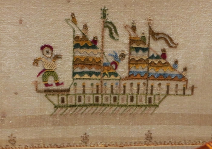 Skyros ship embroidered on a bridal towel, circa 1800, Benaki Museum